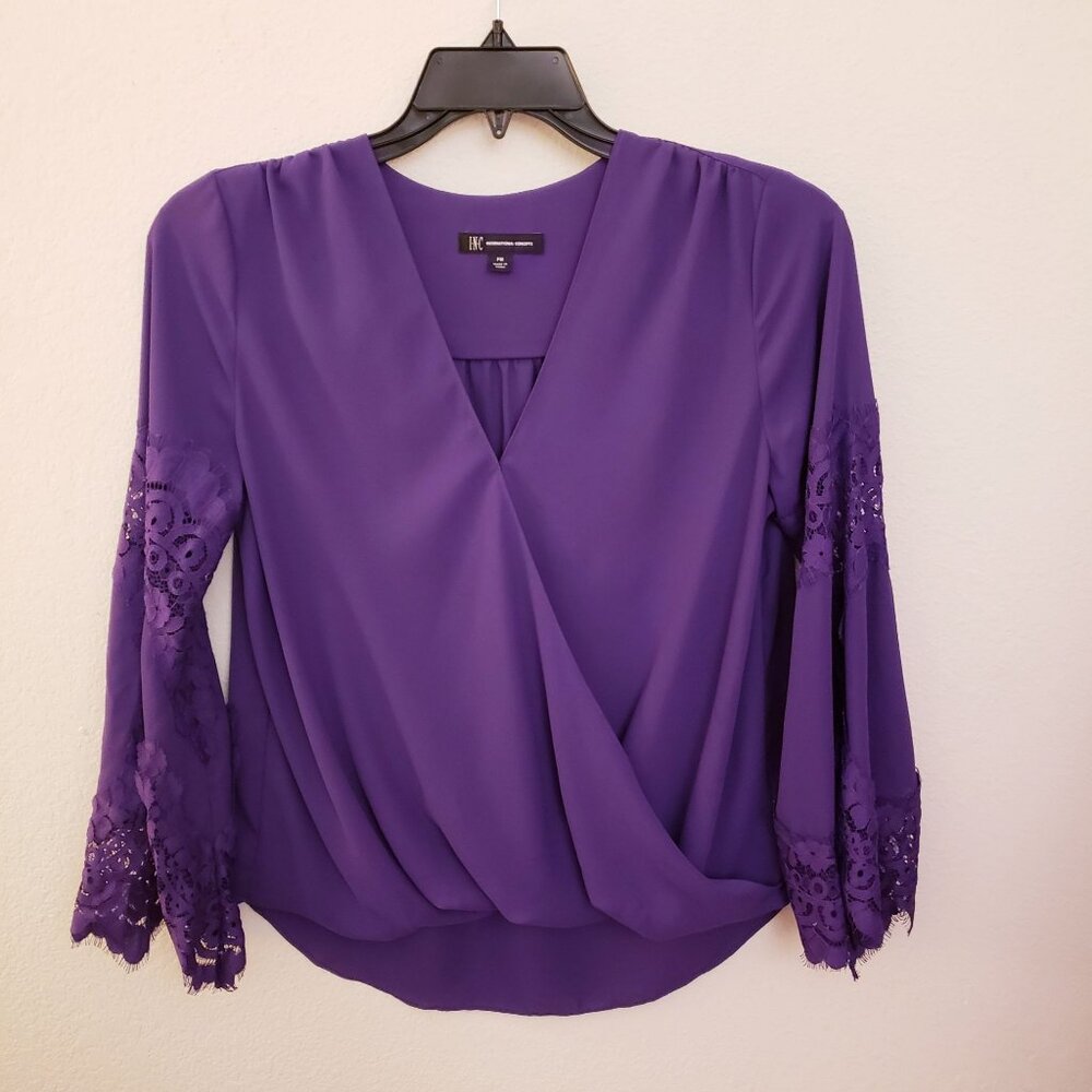 INC Purple Lace Sleeves Faux Wrap Top Size PM EUC